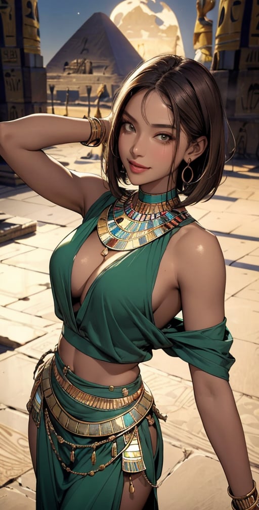 Upper body, (masterpiece, best quality), 1girl, Dynamic pose:0.8,solo, look at viewer,bob cut hair, straight hair, skirt, ((brown hair)), green eyes, dress, cleavage, bare shoulders, jewelry, choker, (((dark skin))), necklace, off shoulder, (((dark-skinned female))), neck ring, (((egyptian))), (((egyptian clothes))), (((night,moon))),blurry background, smile,looking_at_viewer,(oil shiny skin:0.8), (big_boobs), willowy, chiseled, (hunky:1.3),(perfect anatomy, prefect hand,), 9 head body lenth, dynamic sexy pose, (artistic pose of awoman),from_above