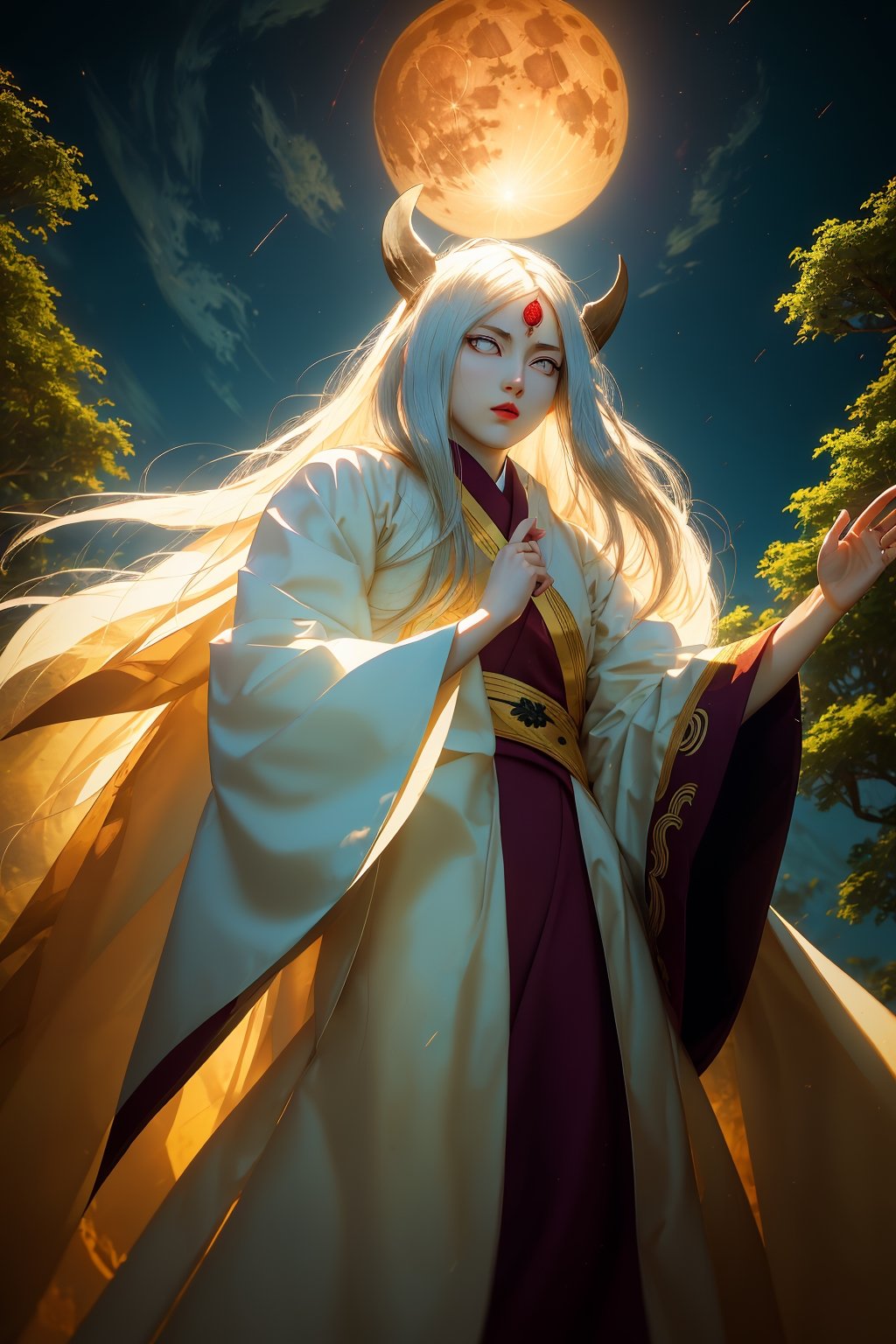 masterpiece,best quality,highly detailed,ultra-detailed,an extremely delicate and beautiful,masterpiece,1girl, solo,kaguya,mature female, long pure white long hair, absurdly long hair, third eye,horns, pale skin,white short eyebrows, pure white otsutsuki kimono, perfect eyes,floating hair, sexy pose, High quality 7k, High resolution ,fully_clothed, Meteorites with magma falling from the sky at night,third eye,pale skin,dynamic pose, dynamic poses, ( backview), (looking upward:1.2), (long shot:1.5), (from below:1.2),forests,big trees,temples,red full moon,r1ge,asian girl,Detailedface