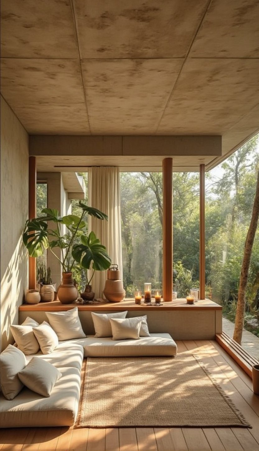 A cozy and serene indoor lounging space filled with natural light,  featuring floor-to-ceiling wooden-framed glass windows...