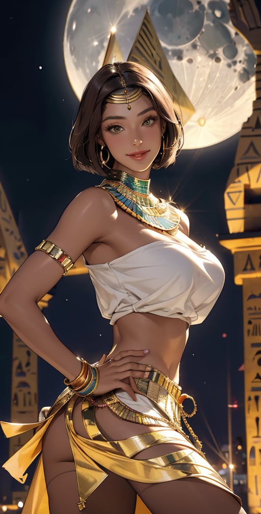 Upper body, (masterpiece, best quality), 1girl, Dynamic pose:0.8,solo, look at viewer,bob cut hair, straight hair, skirt, ((brown hair)), green eyes, dress, cleavage, bare shoulders, jewelry, choker, (((dark skin))), necklace, off shoulder, (((dark-skinned female))), neck ring, (((egyptian))), (((egyptian clothes))), (((night,moon))),blurry background, smile,looking_at_viewer,(oil shiny skin:0.8), (big_boobs), willowy, chiseled, (hunky:1.3),(perfect anatomy, prefect hand,), 9 head body lenth, dynamic sexy pose, (artistic pose of awoman),from_behind