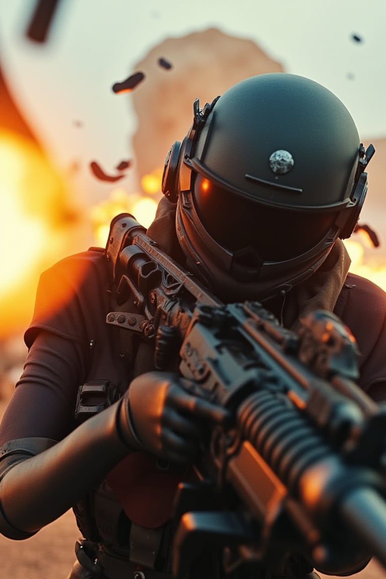 8k resolution sexy black female android robot soldier shooting a big gun in a dangerous battlefield,explosions,bullets flying,dystopian evironment,intense scene,helmet with microphone,shrapnel flying.post apocalyptic environment
