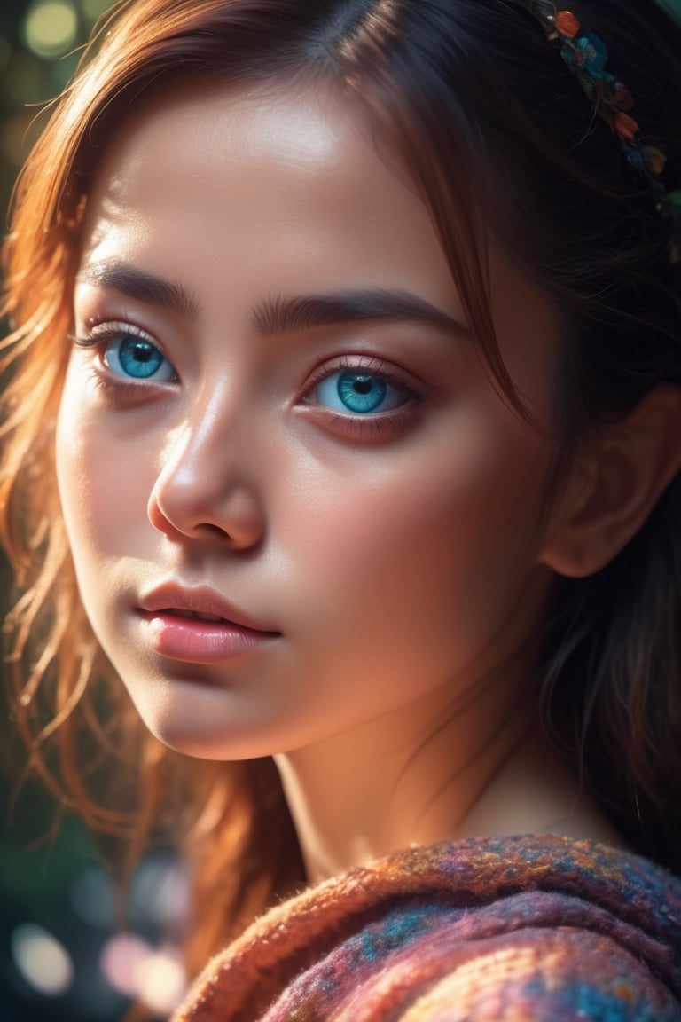 Dappled Light, photo portrait of a character, (Ultra realistic, High quality, Intricate, awesome ultra high resolution movie scene), ((Colorful, Ultra detailed Artificial intelligence)),, colorful, realistic eyes, dreamy magical atmosphere, (skin texture), (film grain), (warm hue, warm tone),  cinematic light, side lighting,