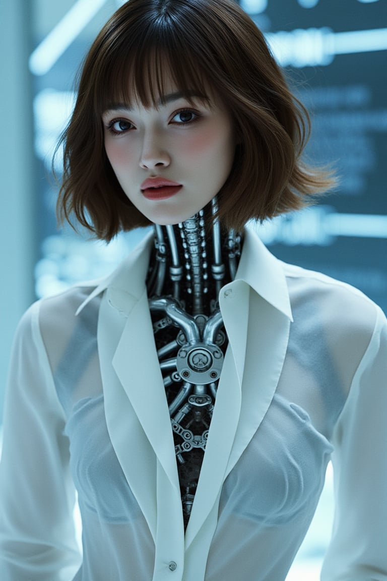 Cyberpunk female android wearing a white shirt, ((The shirt is wet and transparent)),see-through clothes, A cybernetic body can be seen underneath, light reflecting off the mirrored mechanical body, short wavy brown hair, and piercing eyes. Mechanical neck and chest with intricate details. Futuristic background with holographic elements. Anime style, high-contrast lighting, detailed mechanical parts, elegant yet robot-like poses, and a sophisticated and mysterious atmosphere.,FuturEvoLabMecha
