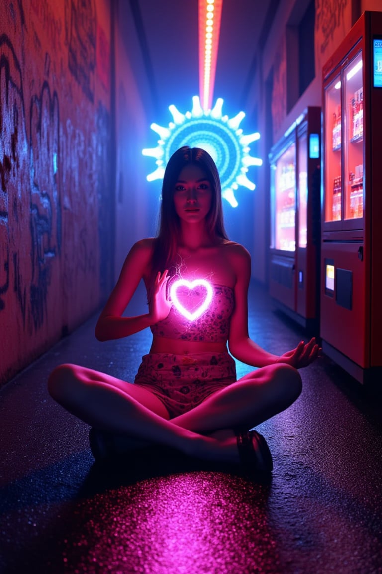 Here's the prompt:

In a gritty alleyway, a fashionable cyberpunk girl fashionista poses mid-shot from a low angle, wearing a sleek dress and a glossy CAT-inspired helmet with her face hidden inside an advanced holographic visage represented by emojis. Graffiti-covered walls, futuristic vending machines, and rain-soaked pavement reflect colorful neon lights as she leans against the wall, exuding relaxation in dimly lit atmosphere with soft rain falling.,(((her hand crackling with huge fire power as she gazes directly at the camera,gentle facial contours poses meditatively in an Indian-inspired cross-legged position. The colorfully neon light of chakra shines through the head, chest, and abdomen, Behind her, a radiant, magical mandala-like aura of glowing, icy patterns spreads out, adding an ethereal and divine presence,)))