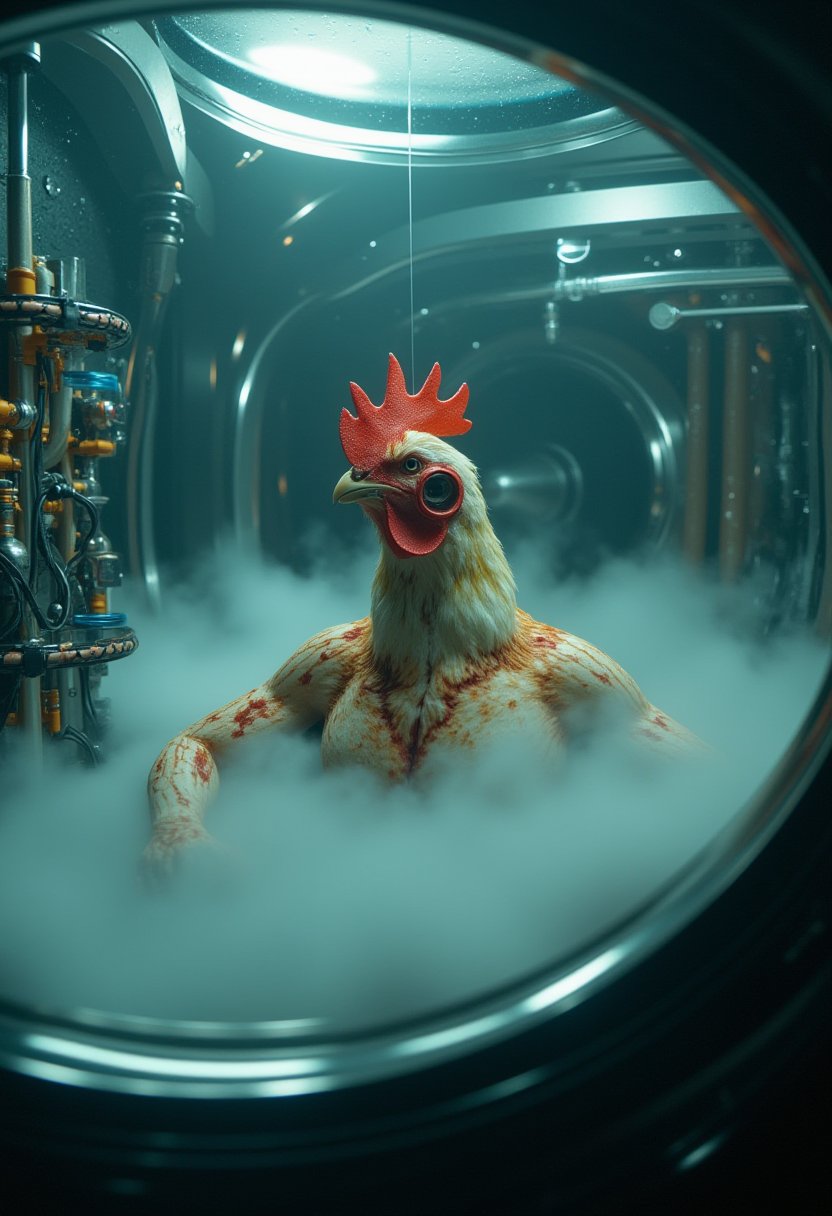 a chicken wearing a costume. The chicken is named Oliver. Cyberpunk cryogenic chamber with Oliver's body inside suspended...