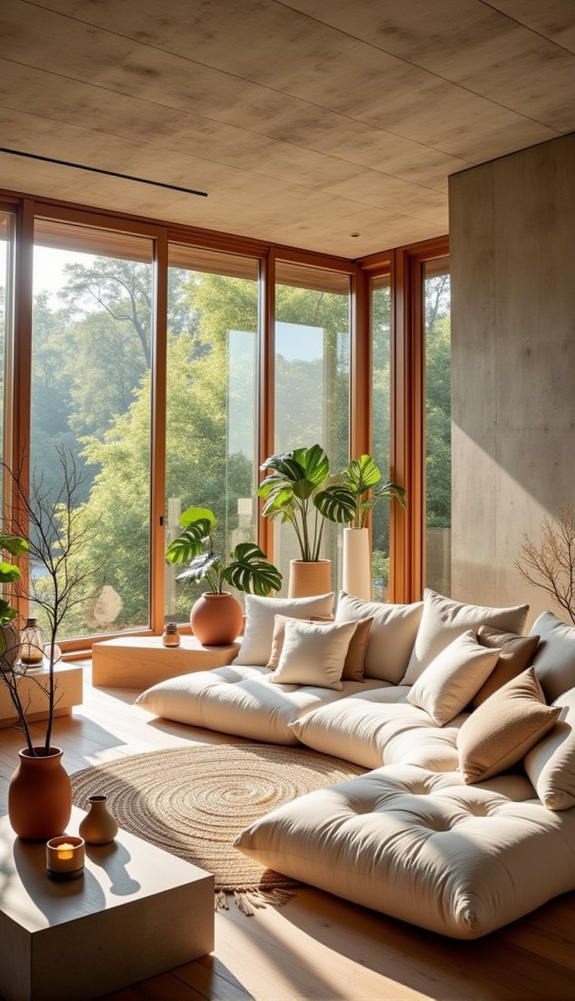 A cozy and serene indoor lounging space filled with natural light,  featuring floor-to-ceiling wooden-framed glass windows...
