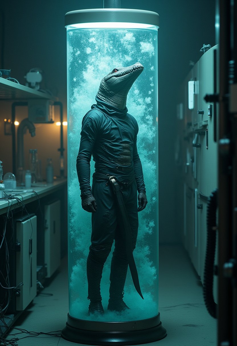 Full body shot,  a Crocodile wearing a ninja costume. The Crocodile is named Oliver. Cyberpunk cryogenic chamber with Oliv...