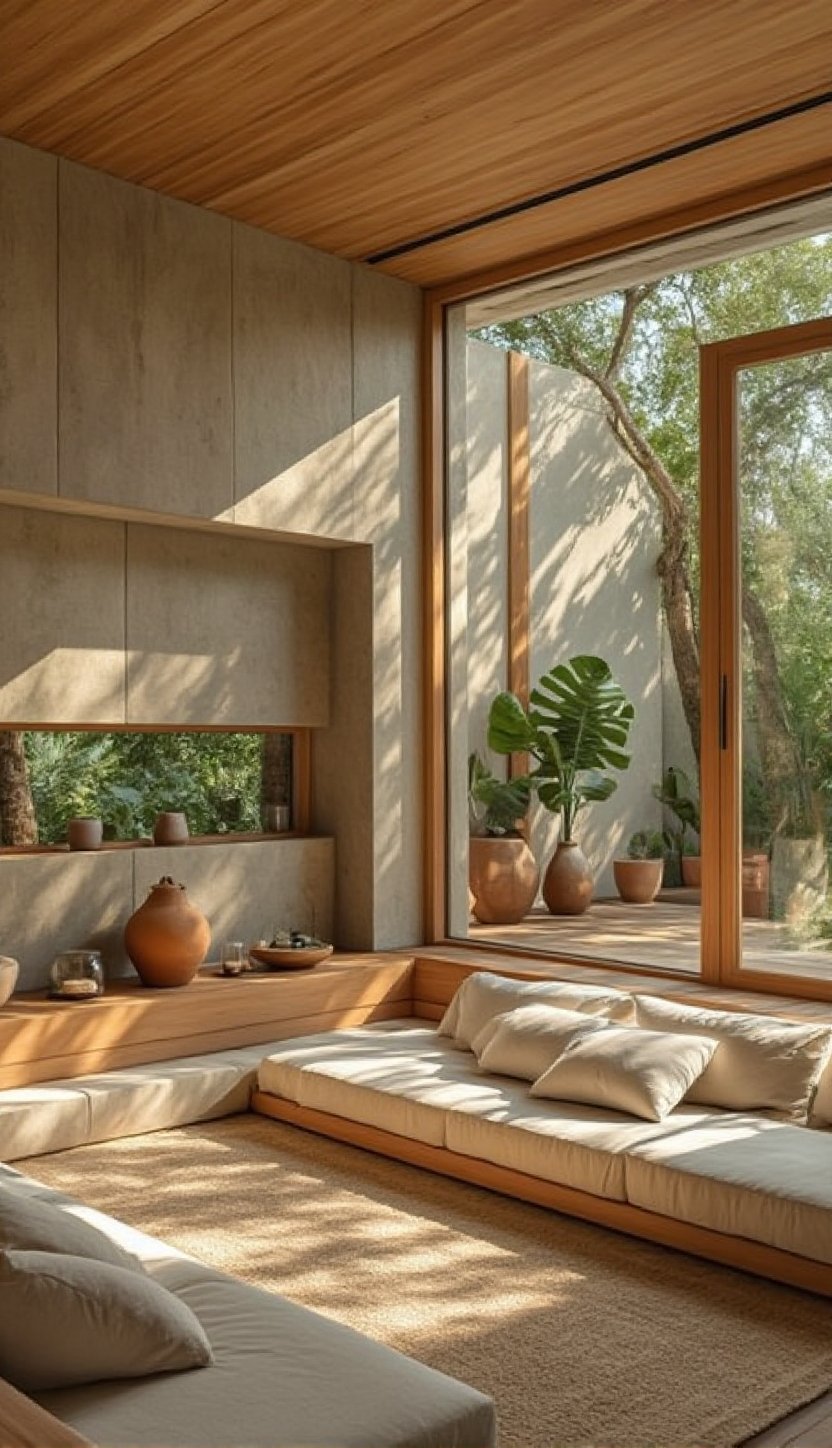 A cozy and serene indoor lounging space filled with natural light,  featuring floor-to-ceiling wooden-framed glass windows...