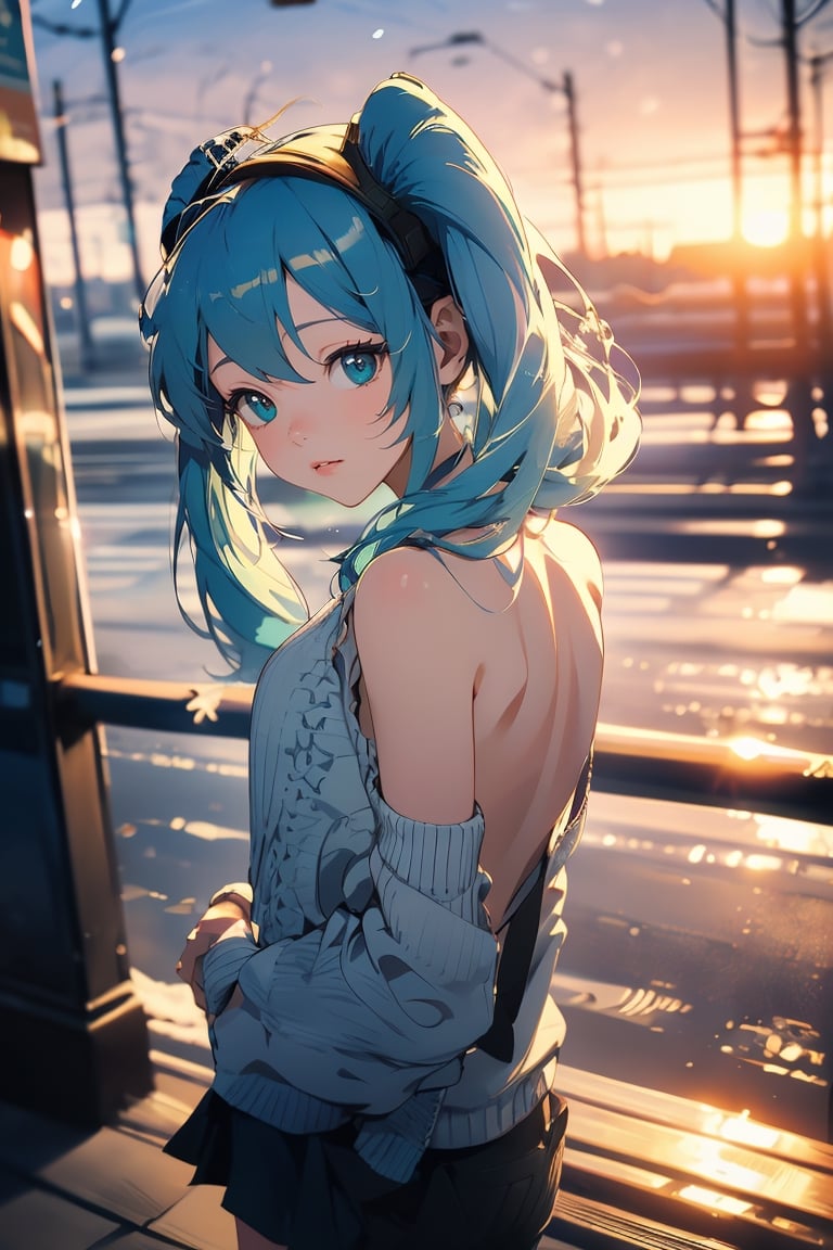 ((hatsune_miku:1.1),(bust_focus),winter_clothes, BREAK,dawn, outdoor dark red and blue and purple sky,
dynamic angle, boy back to the viewer,SGBB,midjourney