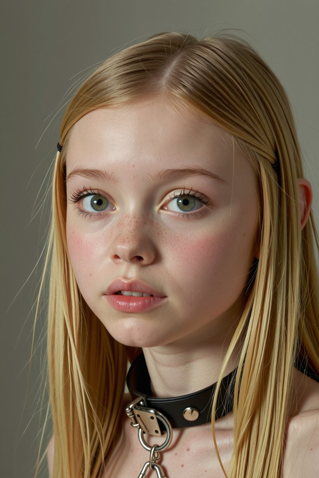 Ultra-realistic studio portrait of a young woman with fair porcelain skin,  long straight honey-blonde hair,  and light gr...