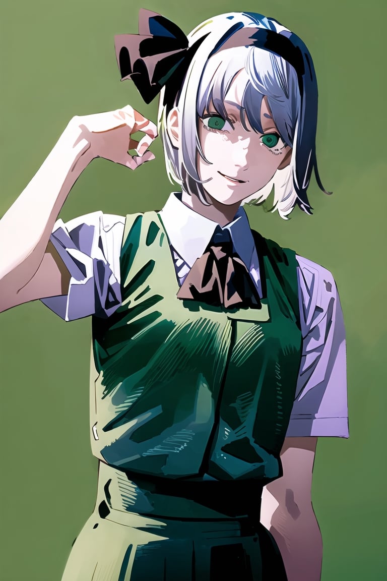 (masterpiece, best quality:1.2), fujimoto, 1girl, solo, 1girl, white hair, short hair, hair ribbon, hairband, green eyes, bow, white shirt,green vest,green skirt, smile, simple background