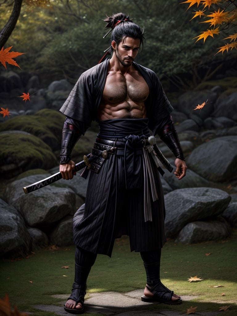 1man, samurai, handsome, protruding pecs, stubbles, japanese samurai clothing, black_hair, brown eyes, Hair tied back, few locks of hair hang down on the forehead, katana at waist, maple leaf scattered in the air, wind, dynamic angle, Masterpiece,  Intricate details,  hdr,  depth of field,  (full body view),  Portrait, open cloth, take off top to waist, show chest, show abs, body hair, hairy chest,best quality