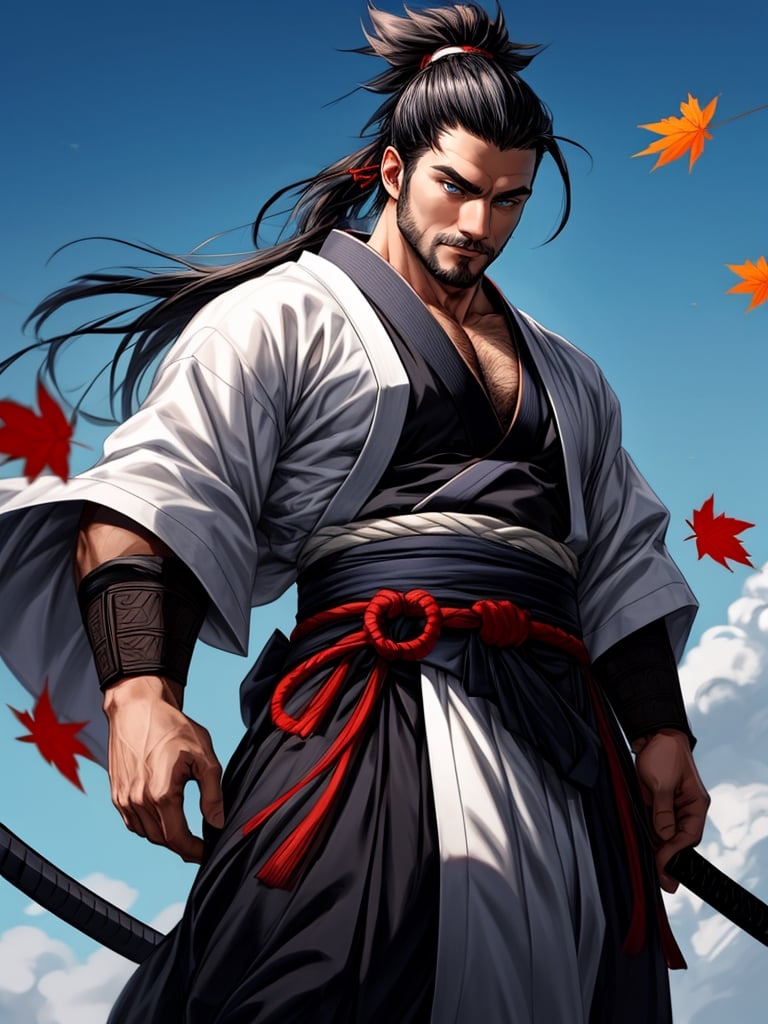 1man, samurai, handsome, protruding pecs, stubbles, japanese samurai clothing, black_hair, Hair tied back, few locks of hair hang down on the forehead, katana at waist, maple leaf scattered in the air, wind, dynamic angle, Masterpiece,  Intricate details,  hdr,  depth of field,  (full body view),  Portrait, open cloth, take off top to waist, show chest, show abs, body hair, hairy chest,best quality