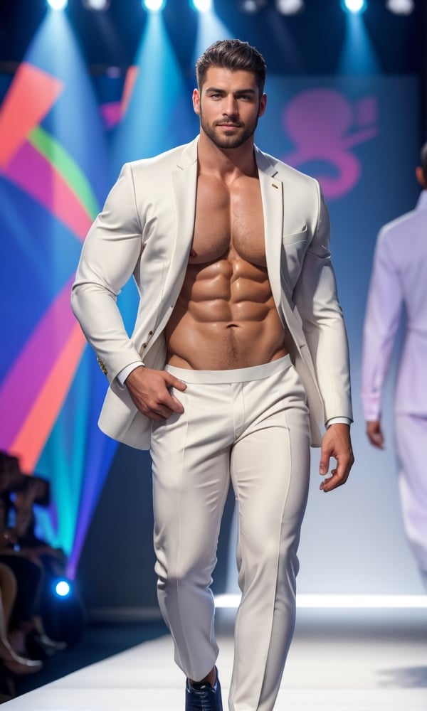 masterpiece, best quality, 8k, 1man, (front Photo), shiny skin, facial hair, walking on fashion show runway stage, wearing white sheer suit, highly detailed face and skin, realistic, mature, stubble, muscular, huge pecs, handsome, male focus, light particles, rim light, Use light to shine through clothes to reveal muscle contours, full body, skin color shows through the fabric of clothes,