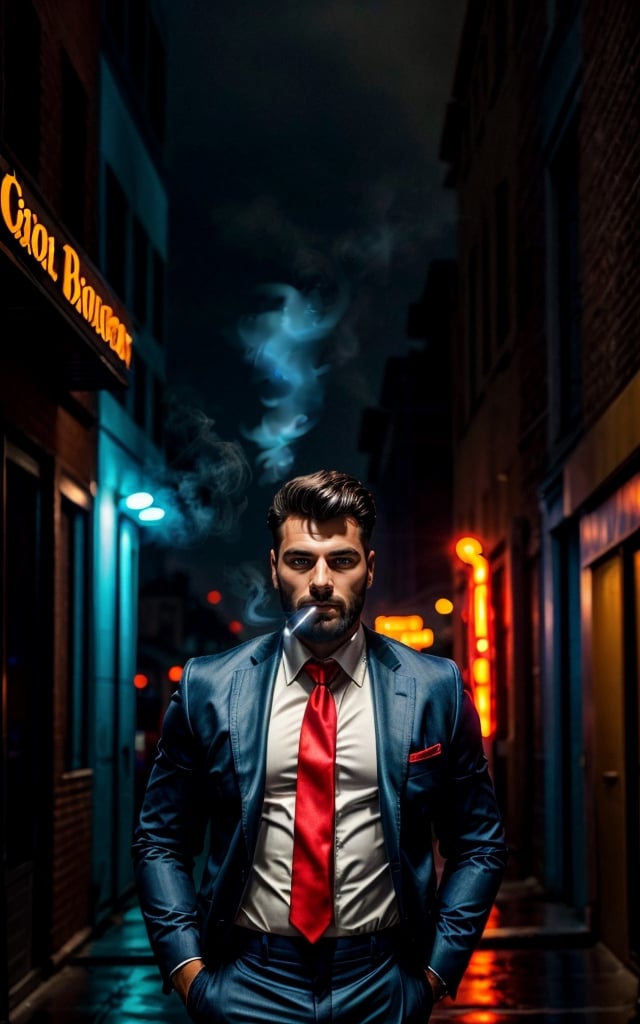 digital painting of a man, shot on Canon 5D Mark II, portrait of a mafia in city street full on neon signboards, ((black with red business suit)), (white shirt), (red necktie), (balck hair), angry, BREAK ((blue neon lights)), smoke from mouth, (with a cigarette in mouth), pants, add lightsource to front, (mouth open:0.5), Leaning lazily against the wall, cinematic, best quality, masterpiece, intricate details, dynamic pose, dynamic angle, ((surrealism)), ((romanticism)), ((oil painting \(medium\):1.2)), (illustration), huge-muscles, (large pectorals), sharp focus, soft lighting, vibrant colors, cinematic photography, volumetric lighting, film grain, hard shadows,Masterpiece