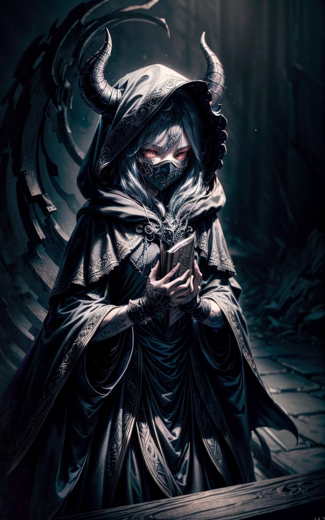 Demon, face is shrouded in darkness, with only glowing eyes, genderless, holding a huge book, ornate hooded cloak,  only1 image,  perfect anatomy,  perfect proportions,  perfect perspective,  8k,  HQ,  (best quality:1.5,  hyperrealistic:1.5,  photorealistic:1.4,  madly detailed CG unity 8k wallpaper:1.5,  masterpiece:1.3,  madly detailed photo:1.2),fantasy00d