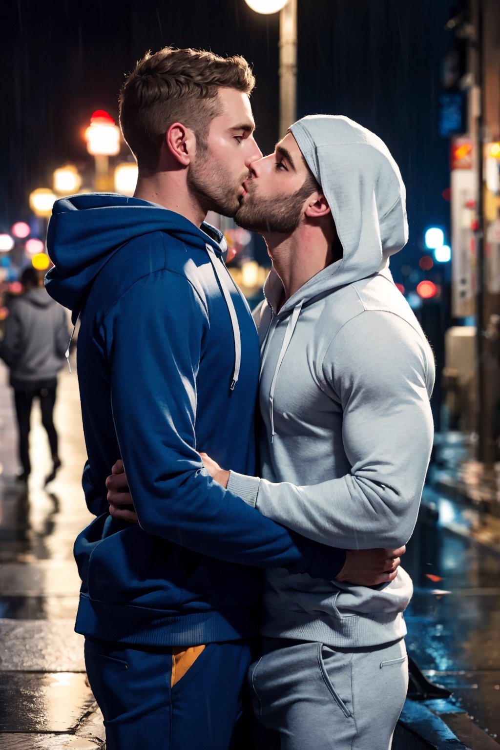 (2man), kiss, kissing, handsome, bearded, muscular, pleasure, perfect anatomy, raining, city street at night, perfect light, best quality, high res, ultra hd, different suit, (white shirt), (blue hoodie), 