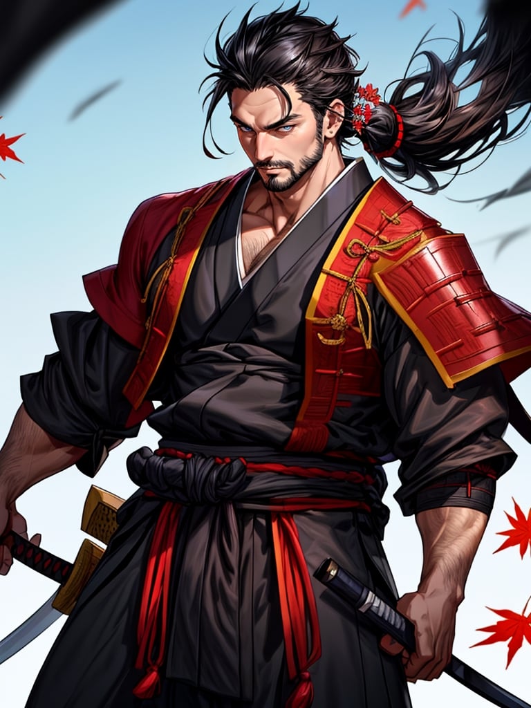 1man, samurai, handsome, protruding pecs, stubbles, japanese samurai clothing, black_hair, brown eyes, Hair tied back, few locks of hair hang down on the forehead, katana at waist, maple leaf scattered in the air, wind, dynamic angle, Masterpiece,  Intricate details,  hdr,  depth of field,  (full body view),  Portrait, open cloth, take off top cloth to waist, show chest, show abs, body hair, hairy chest,best quality