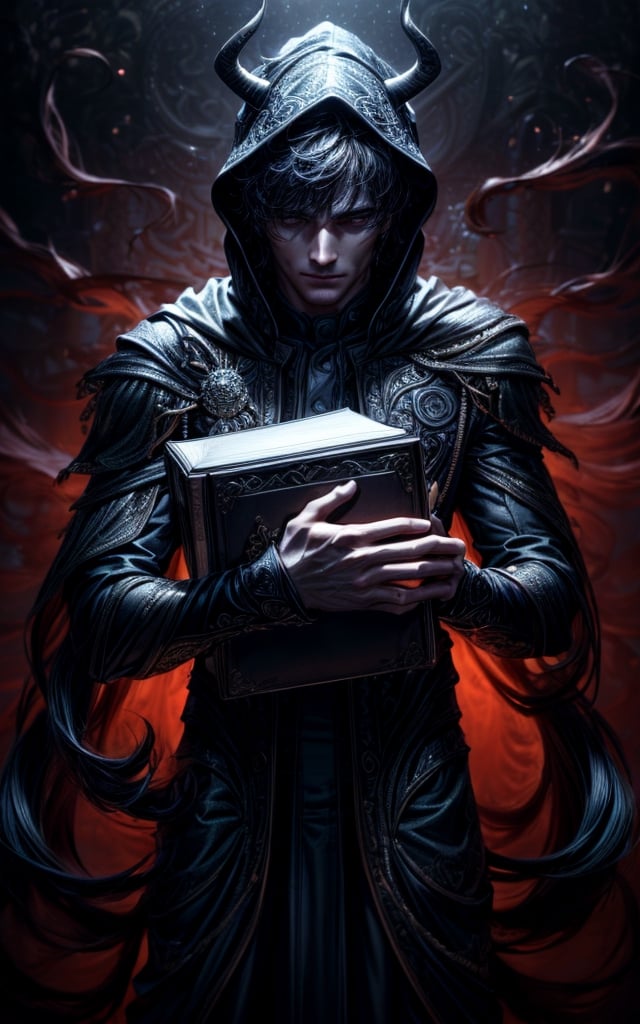 demon, male body shape, face is shrouded in darkness, with glowing eyes, genderless, ((holding a huge book)), very long fingers, ornate hooded cloak, palace, only1 image, disturbing, perfect anatomy,  perfect proportions,  perfect perspective,  8k,  HQ,  (best quality:1.5,  hyperrealistic:1.5,  photorealistic:1.4,  madly detailed CG unity 8k wallpaper:1.5,  masterpiece:1.3,  madly detailed photo:1.2),raw photo, sharp re, lens rich colors hyper realistic lifelike texture dramatic lighting unrealengine trending, ultra sharp, pictorial technique, (sharpness, definition and photographic precision), (contrast, depth and harmonious light details), (features, proportions, colors and textures at their highest degree of realism), (blur background, clean and uncluttered visual aesthetics, sense of depth and dimension, professional and polished look of the image),DonMD3m0nV31ns