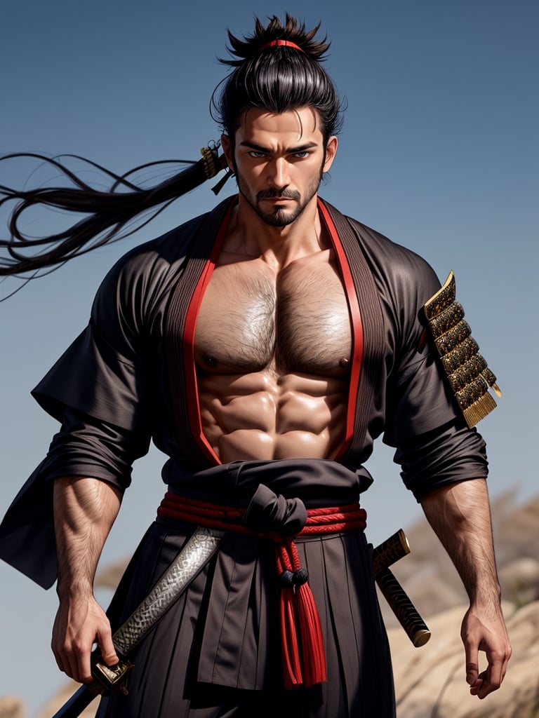 1man, samurai, handsome, protruding pecs, stubbles, japanese samurai clothing, black_hair, (brown eyes), Hair tied back, few locks of hair hang down on the forehead, katana at waist, maple leaf scattered in the air, wind, dynamic angle, Masterpiece,  Intricate details,  hdr,  depth of field,  (full body view),  Portrait, open cloth, take off top cloth to waist, show chest, show abs, body hair, hairy chest,best quality