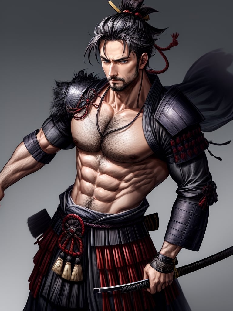 1man, samurai, handsome, protruding pecs, stubbles, japanese samurai clothing, black_hair, brown eyes, Hair tied back, few locks of hair hang down on the forehead, katana at waist, maple leaf scattered in the air, wind, dynamic angle, Masterpiece,  Intricate details,  hdr,  depth of field,  (full body view),  Portrait, open cloth, take off top to waist, show chest, show abs, body hair, hairy chest,best quality