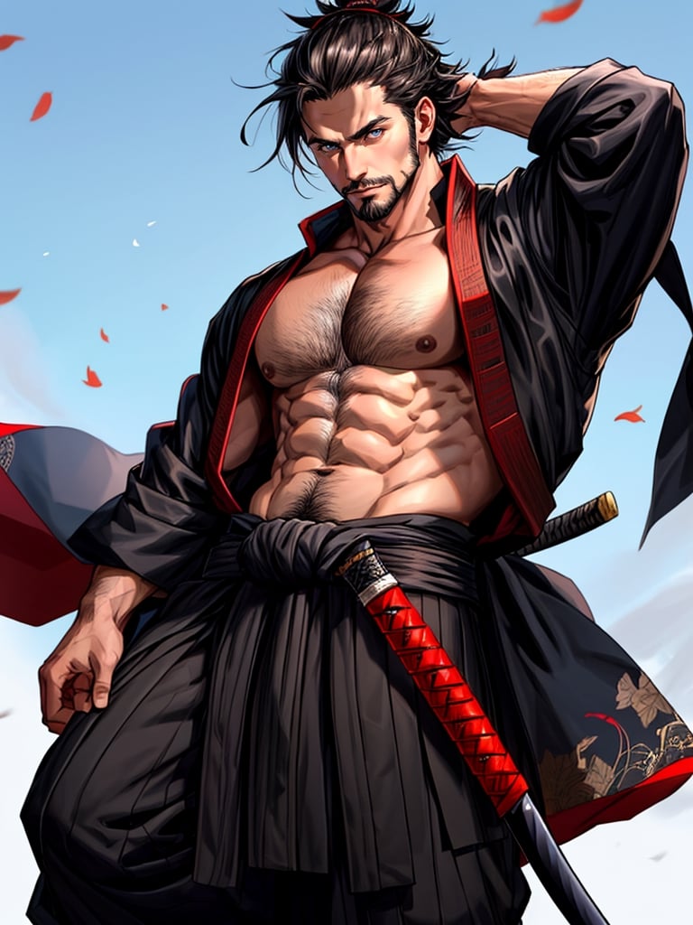 1man, samurai, handsome, protruding pecs, stubbles, japanese samurai clothing, black_hair, brown eyes, Hair tied back, few locks of hair hang down on the forehead, katana at waist, maple leaf scattered in the air, wind, dynamic angle, Masterpiece,  Intricate details,  hdr,  depth of field,  (full body view),  Portrait, open cloth, take off top cloth to waist, show chest, show abs, body hair, hairy chest,best quality