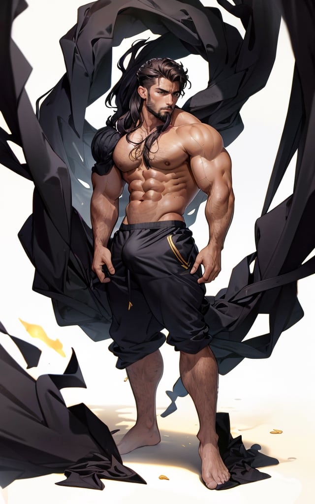 masterpiece,  best quality,  perfect lighting,  detail face,  ((beard)),  black hair, (long wave hair), detailed eyes, masculine,  protruding pecs,  large pectorals,  handsome man, (Roman), naked, golden laurel wreath, (clothmancer), (wind), portrait, sunshine, (shine body), shirtless, front, ((full body photo)), [(white background:1.15)], (indian langot), ,bulge, dynamic pose,