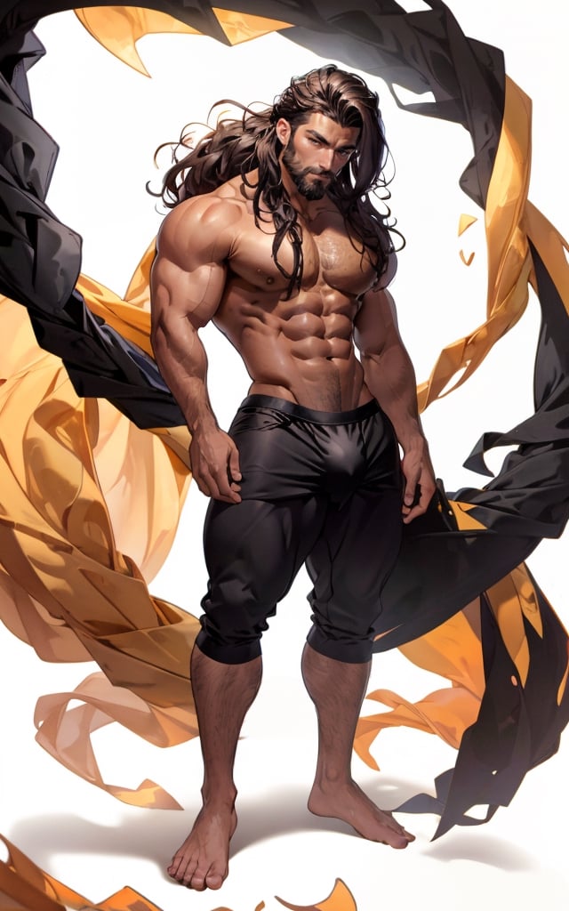 masterpiece,  best quality,  perfect lighting,  detail face,  ((beard)),  black hair, (long wave hair), detailed eyes, masculine,  protruding pecs,  large pectorals,  handsome man, (Roman), naked, golden laurel wreath on head, (clothmancer), (wind), portrait, sunshine, (shine body), shirtless, front, ((full body photo)), [(white background:1.15)], (langot), ,bulge, dynamic pose,