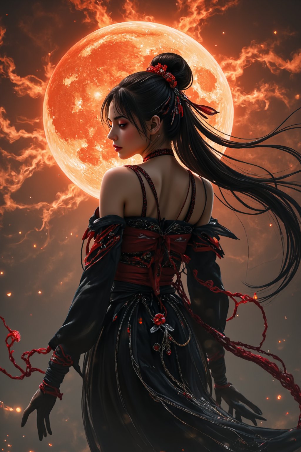 An atmospheric and powerful dark fantasy, (1 fatal Japanese goddess of death, full body shot), descending from the burning sky ,(looking at the viewers:1.2), she has black long hair with dark ornaments. Her outfit combines traditional Japanese kimono with futuristic mechanical decorations, embodying both divinity and sensuality,dark magic, Luna, nightmare 