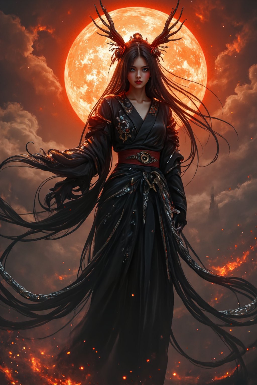 An atmospheric and powerful dark fantasy, (1 fatal Japanese goddess of death, full body shot), descending from the burning sky ,(looking at the viewers:1.2), she has black long hair with dark ornaments. Her outfit combines traditional Japanese kimono with futuristic mechanical decorations, embodying both divinity and sensuality,dark magic, Luna, nightmare 