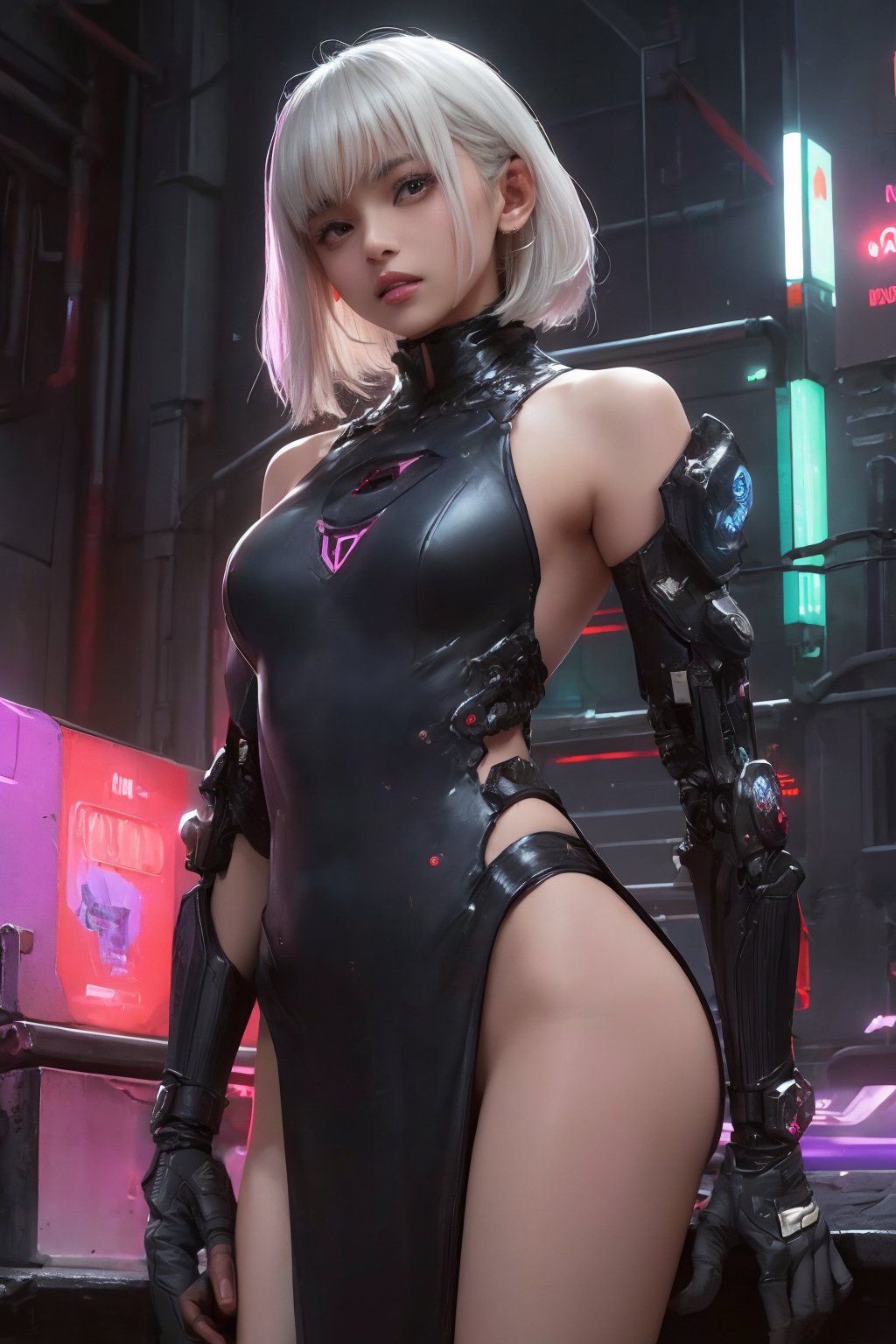 Sexy Pose, (masterpiece+best quality),(solo), 1 I Indian beauty, white hair ,  (high sexual attraction,long hair), in the dark night, (sexy Indian dress kurti + body implants) , moon ,( highly detailed background of ancient Indian achitechture+with neon lights) ,ink,Cyberpunk,Enhance, Indian Culture 