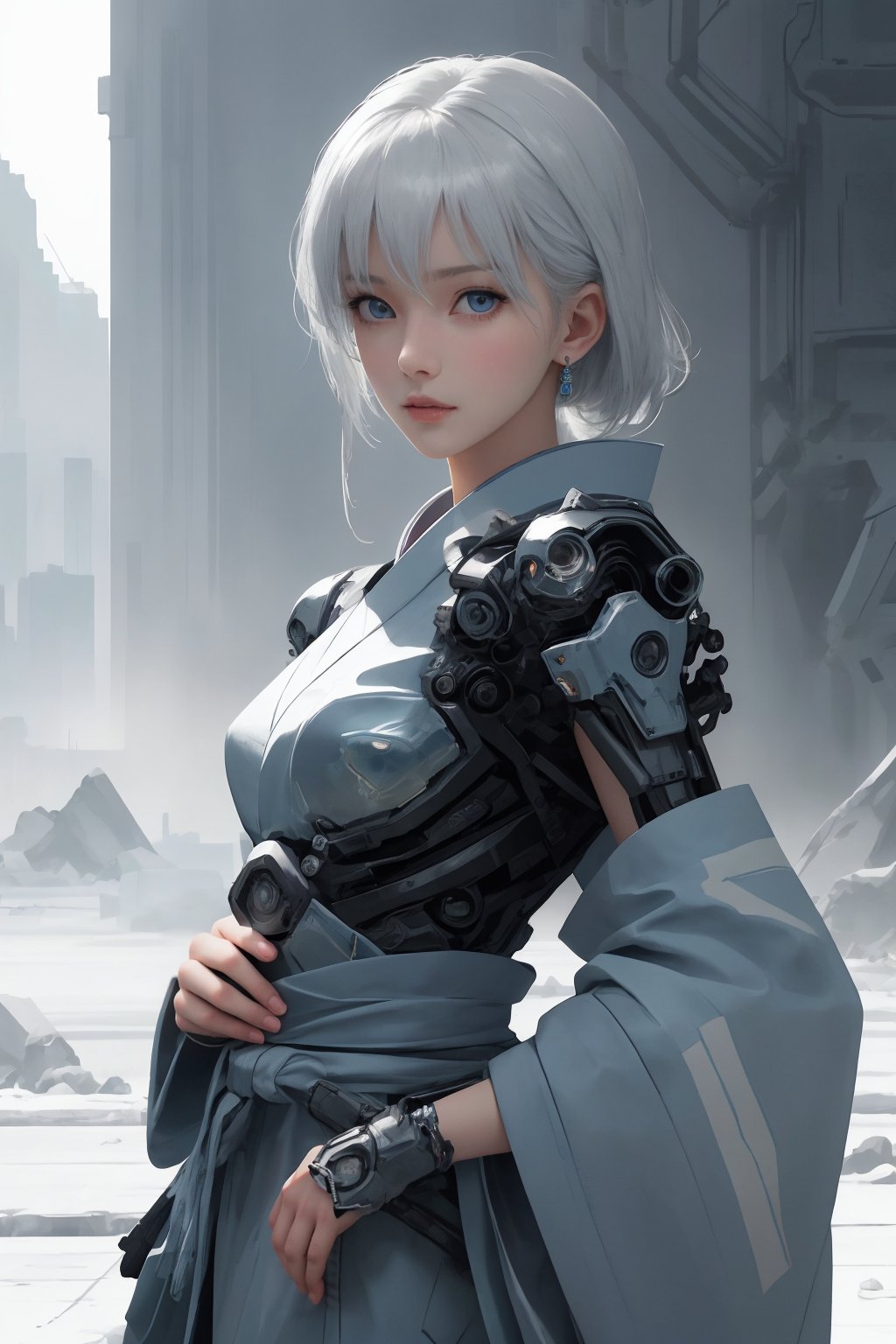 Best picture quality, high resolution, 8k, realistic, sharp focus, realistic image of elegant lady, Japanese beauty, supermodel, pure white hair, blue eyes, wearing high-tech cyberpunk style blue kimono , radiant Glow, ice theme, custom design, 1 girl,swordup, looking at viewer,JeeSoo 