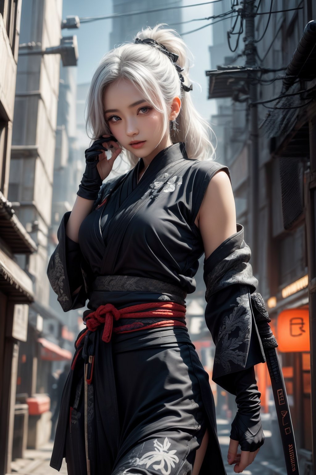 (( attractive pose , traditional kunoichi kimono ,picturing her elegance and coldness)), (masterpiece), a super beautiful Japanese 15 years old kunoichi with medium wavy white hair, sleeveless beautifully decorated shinobi costume , sexy and attractive, surrealism, chiaroscuro, colorful movie lights , in a fallen cyberpunk city, Lens Flare, From Outside, Ultra HD,cyberpunk , Textured Skin, High Detail, High Resolution