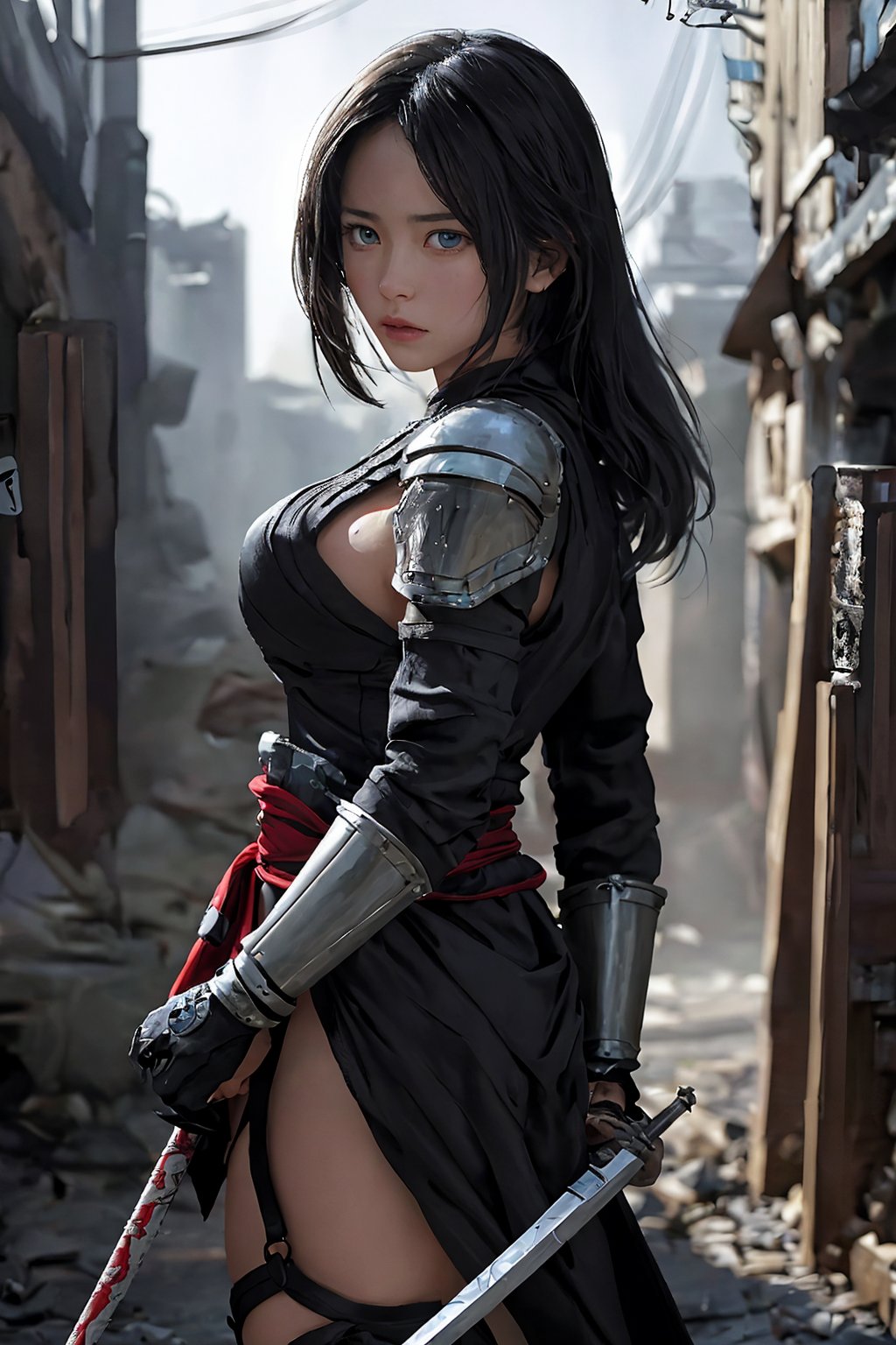 ultra realistic , extreme detail description, Christopher Nolan's movie-style poster features a 16-year-old girl with blue eyes, embodying the Shinobi of Japan's Warring States Period, An enigmatic female kunoichi, clad in revealing dark ninja costume , bursting with unspoken power, illustrates a fierce and formidable female warrior in the battlefield ,detailed painting, showcasing the intensity of the female ninja's gaze and the intricate craftsmanship of her armor. Each intricately depicted detail mesmerizes the viewer, immersing them in the extraordinary skill and artistry captured in this remarkable poster, cyberpunk style