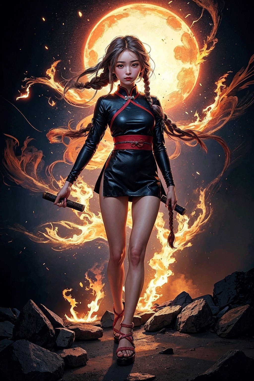 masterpiece, best quality, ultra realistic illustration, 16K, (HDR), high resolution, female_solo , slender hot body proportion with small breasts , looking at viewer, (1 Japanese ancient kunoichi has white long hair with braids:1.3), (holding a fire with two hands:1.0) , (magical atmosphere:0.9), (wearing a detailed one-piece kunoichi ninja costume with decorated obi:1.0), full-body shot, (flying in the air) , (highly detailed background of ancient Japan buildings:1.2) , (fire+flames around the hands:1.0), winds, soft lights, dark night, add More Detail, Color magic,perfect fingers , a traditional Japanese art, girl,  fire element, ghost nocturnal