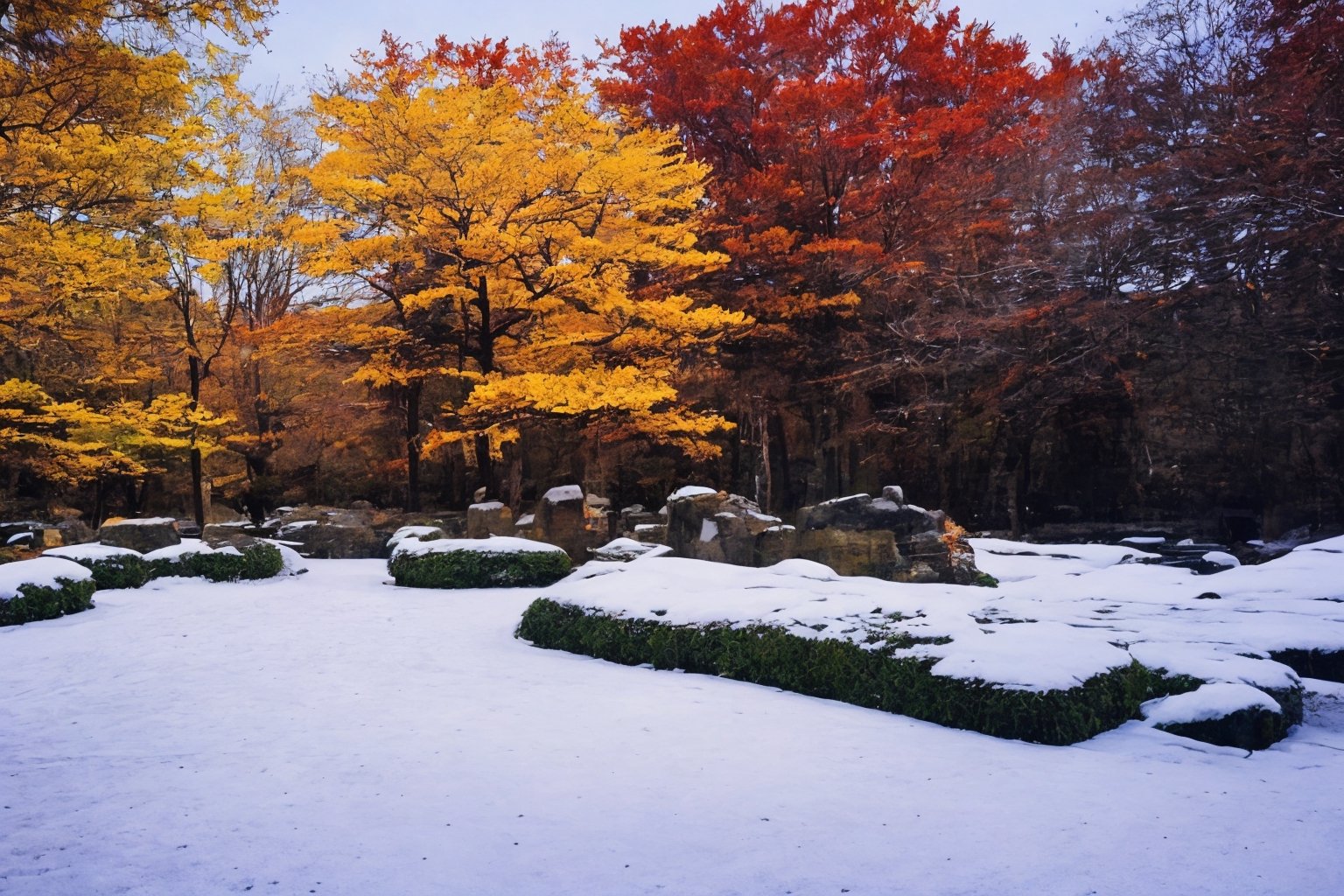 ((autumn, snowing)) dim light, muted color, Dutch angle, (ultra detailed background of a completely white, ancient Japanese buildings), harmonious composition, epic art work, extremely long shot, view, landscape,