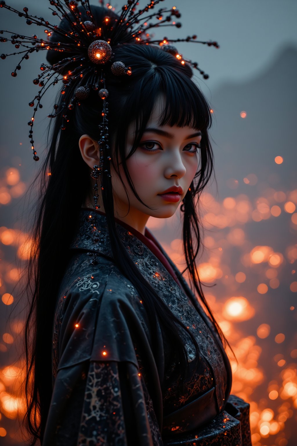 An atmospheric and powerful dark fantasy, (1 fatal Japanese goddess of death, full body), ascending from the burning hell ,(looking at the viewers, cute), dressed in futuristic, dark, tech-inspired attire, she has black long hair with dark ornaments. Her outfit combines traditional Japanese kimono with futuristic mechanical decorations, embodying both divinity and sensuality,dark magic, Luna, nightmare 