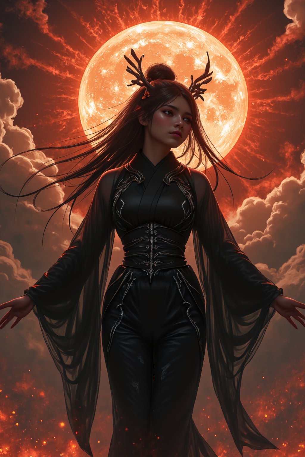 An atmospheric and powerful dark fantasy, (1 fatal Japanese goddess of death, full body shot), descending from the burning sky ,(looking at the viewers:1.2), she has black long hair with dark ornaments. Her outfit combines traditional Japanese kimono with futuristic mechanical decorations, embodying both divinity and sensuality,dark magic, Luna, nightmare 