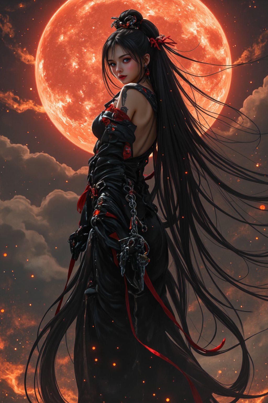 An atmospheric and powerful dark fantasy, (1 fatal Japanese goddess of death, full body shot), descending from the burning sky ,(looking at the viewers:1.2), she has black long hair with dark ornaments. Her outfit combines traditional Japanese kimono with futuristic mechanical decorations, embodying both divinity and sensuality,dark magic, Luna, nightmare 