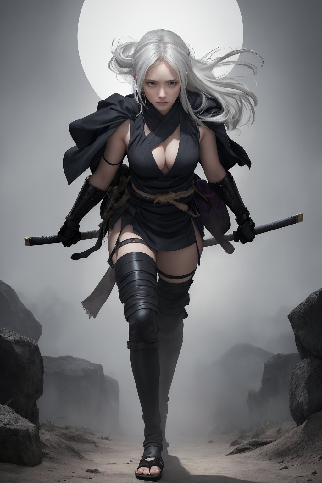 Epic masterpiece of art, ultra realistic , extreme detail description, Christopher Nolan's movie-style poster features a full-body shot of a 16-year-old girl with blue eyes and white hair, embodying the Shinobi of Japan's Warring States Period, An enigmatic female kunoichi, clad in revealing dark ninja costume , This striking depiction, seemingly bursting with unspoken power, illustrates a fierce and formidable female warrior in the midst of battlefield . The image, likely a detailed painting, showcases the intensity of the female ninja's gaze and the intricate craftsmanship of her armor. Each intricately depicted detail mesmerizes the viewer, immersing them in the extraordinary skill and artistry captured in this remarkable poster