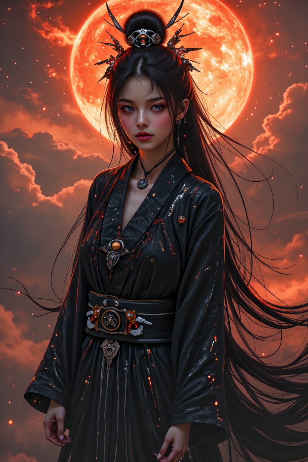 An atmospheric and powerful dark fantasy, (1 fatal Japanese goddess of death, full body shot), descending from the burning sky ,(looking at the viewers:1.2), she has black long hair with dark ornaments. Her outfit combines traditional Japanese kimono with futuristic mechanical decorations, embodying both divinity and sensuality,dark magic, Luna, nightmare 