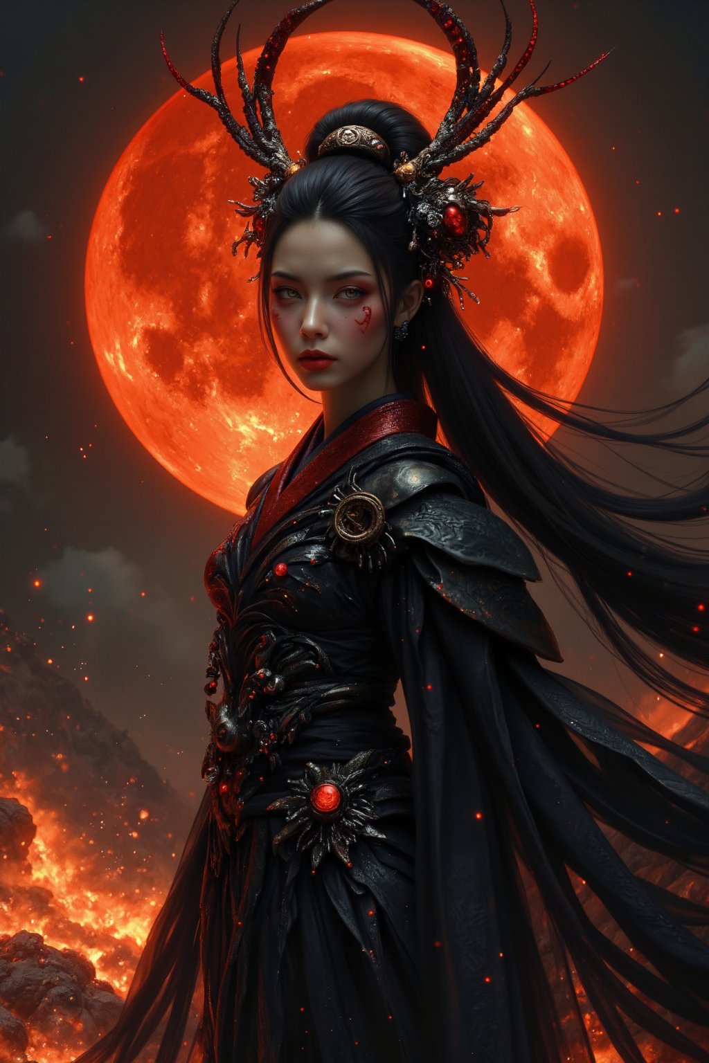 An atmospheric and powerful dark fantasy,  natural organic and impressionist classical-style painting of 1 fatal Japanese goddess of death, ascending from the burning hell ,(looking at the viewers), dressed in sexy dark attire, she has black long hair with dark ornaments. Her outfit combines traditional Japanese kimono with futuristic mechanical decorations, embodying both divinity and sensuality,dark magic, Luna, nightmare 