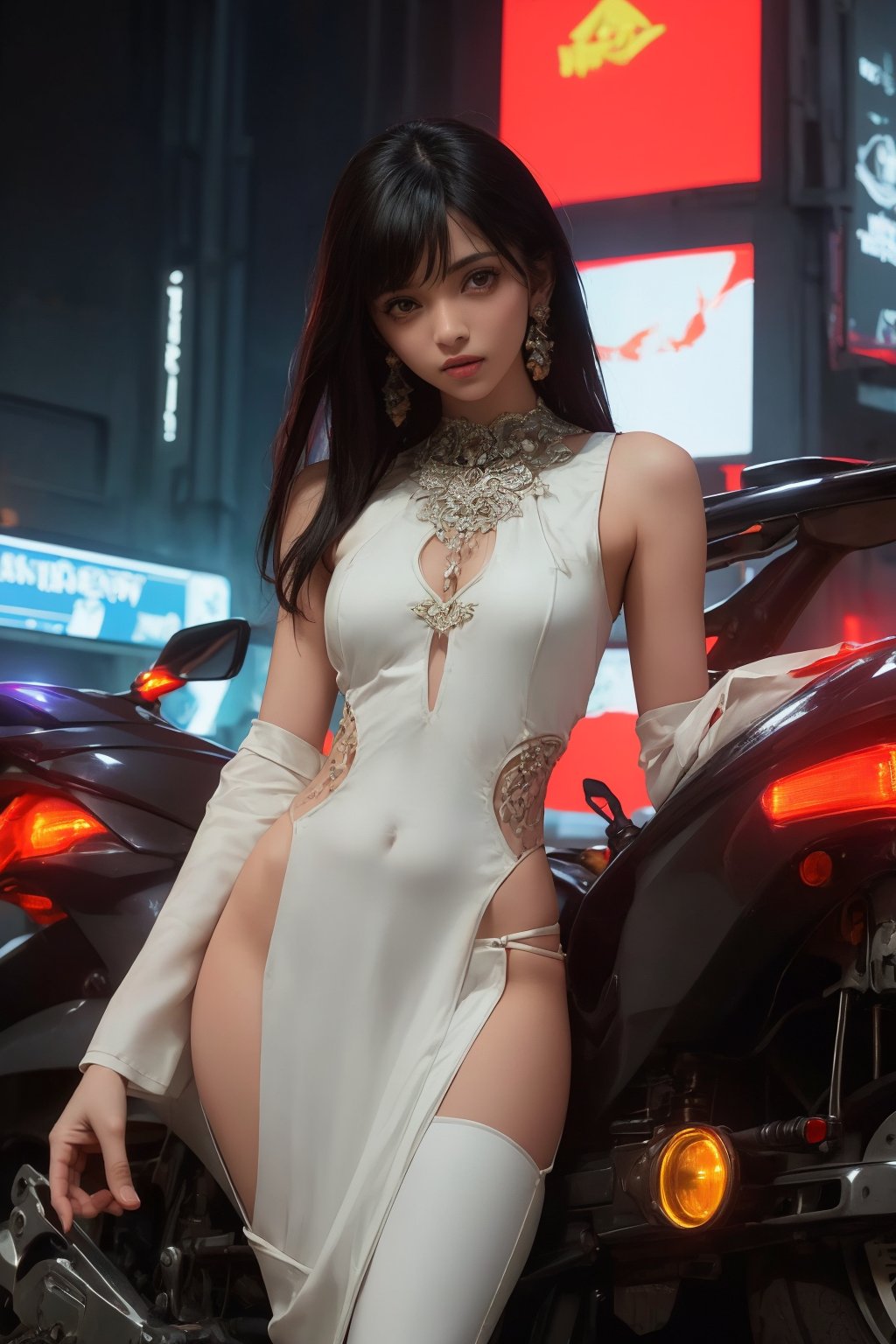 Sexy Pose on a motorcycle , (masterpiece+best quality),(solo), 1 Indian beauty, white hair ,  (high sexual attraction,long hair), in the dark night, (sexy Indian dress kurti+body implants) ,(highly detailed background of ancient Indian achitechture with neon lights) ,Cyberpunk,Enhance, Indian Culture 