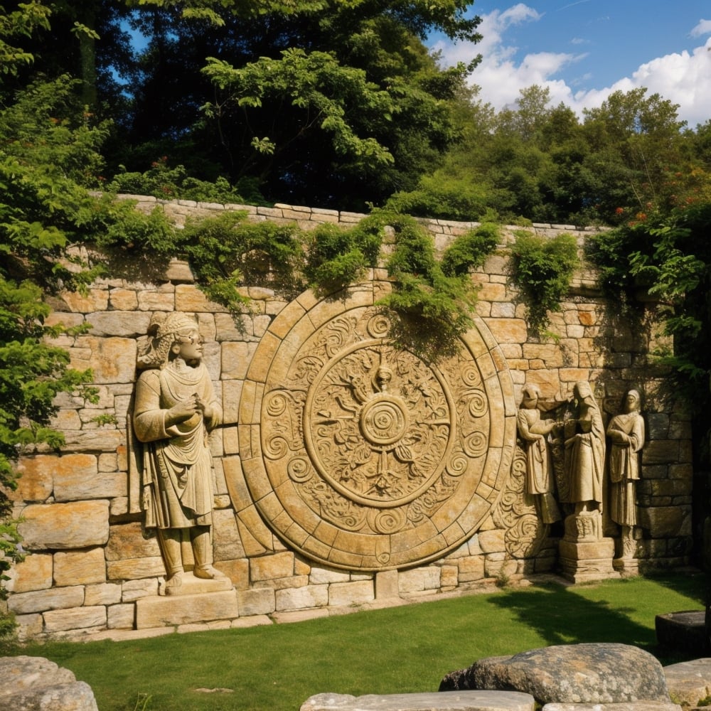 Prehistoric Art, In an ancient painting scene illuminated by sunlight filtering through ancient leaves, priests depict mysterious symbols and deities on the stone walls using sorcery. The paintings incorporate natural elements like wind, water, and fire.