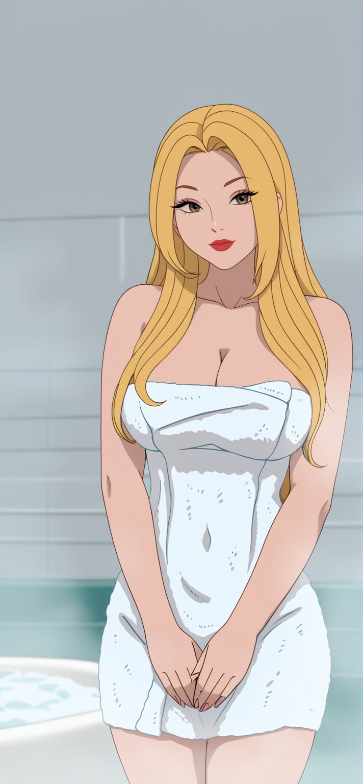 (masterpiece), 1woman, beautiful face, 30's, beloved figure, expressive eyes, big boobs, cleavage cutout, sleevess, (long blonde hair), stand, ((bath towel)), halfbody shot, see at viewer, grey background, realistic, real photograph, high quality, 4K, 1080P, t00nstyl3