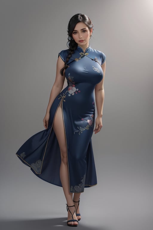 (masterpiece), 1woman, beautiful face, 30's, blue eyes, expressive eyes, big boob, round butt, (braid long black hair), standing pose, ((blue cheongsam)), see at viewer, realistic, real photograph, gray background, high quality, 4K, 1080P