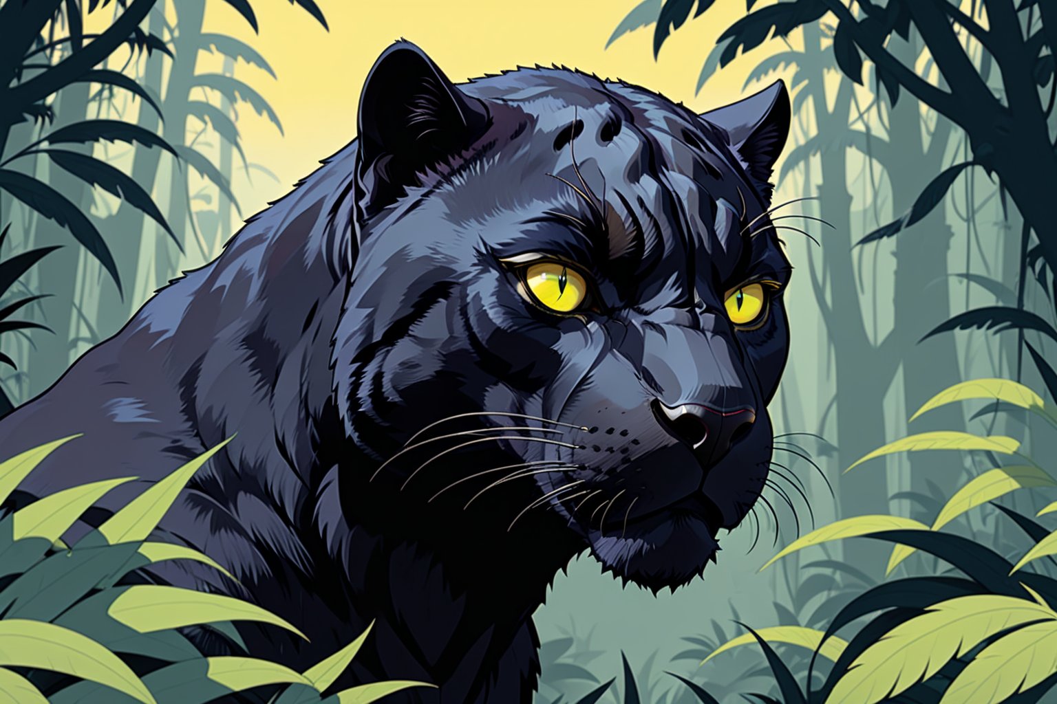 (minimalist:1.4), (flat colors:1.4), anime style, in the style of Mike Mignola, ((panther)), ((strong, elegant)), ((black panther, black fur, yellow eyes, realistic fur, realistic eyes, shiny fur)), jungle background, ruins