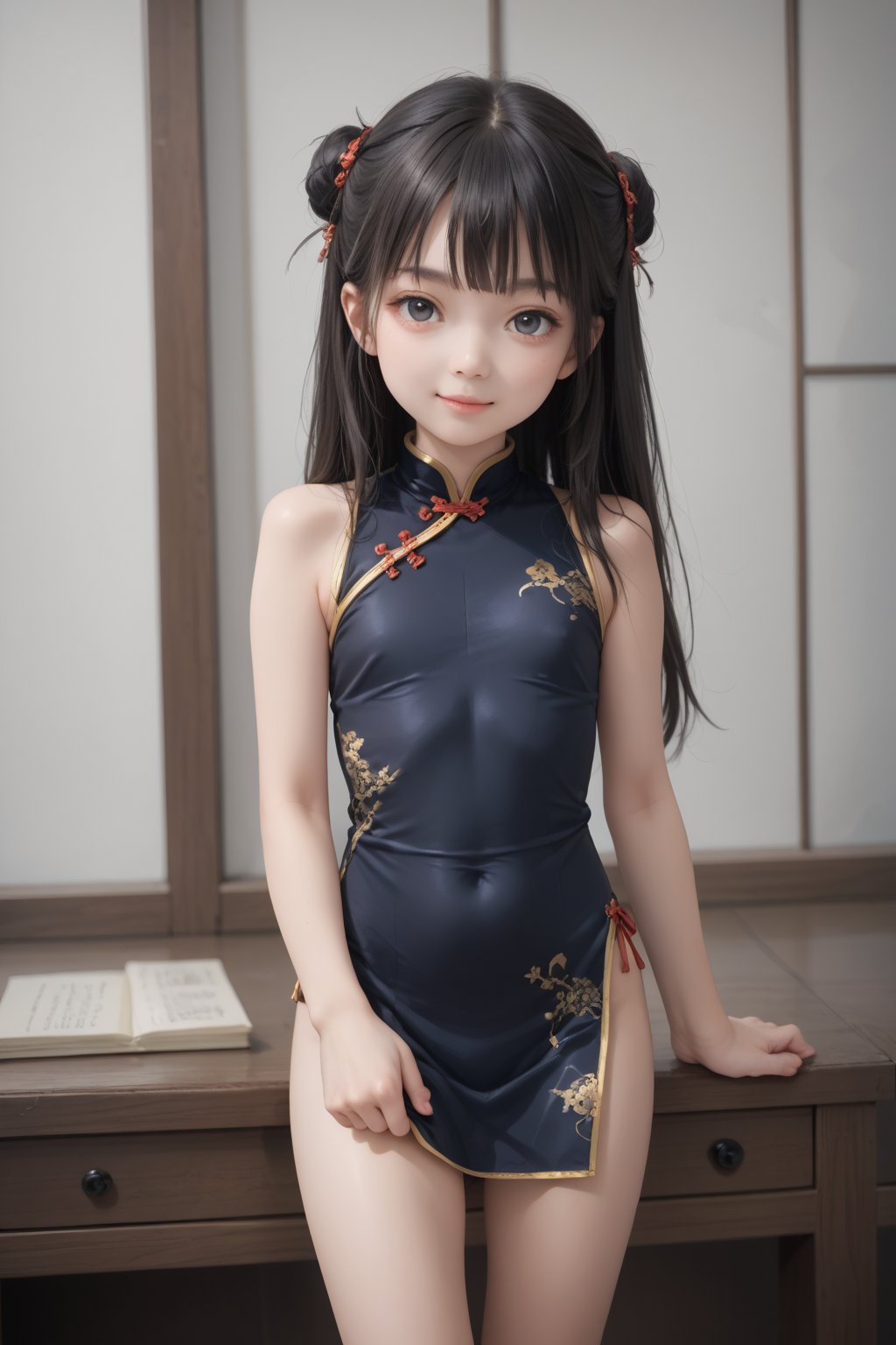 score_9, score_8_up, score_7_up,solo, 1girl, smile,loli, standing ,bangs,long hair,looking_at_viewer, Chinese clothes, Chinese dress,flat_chest,black hair