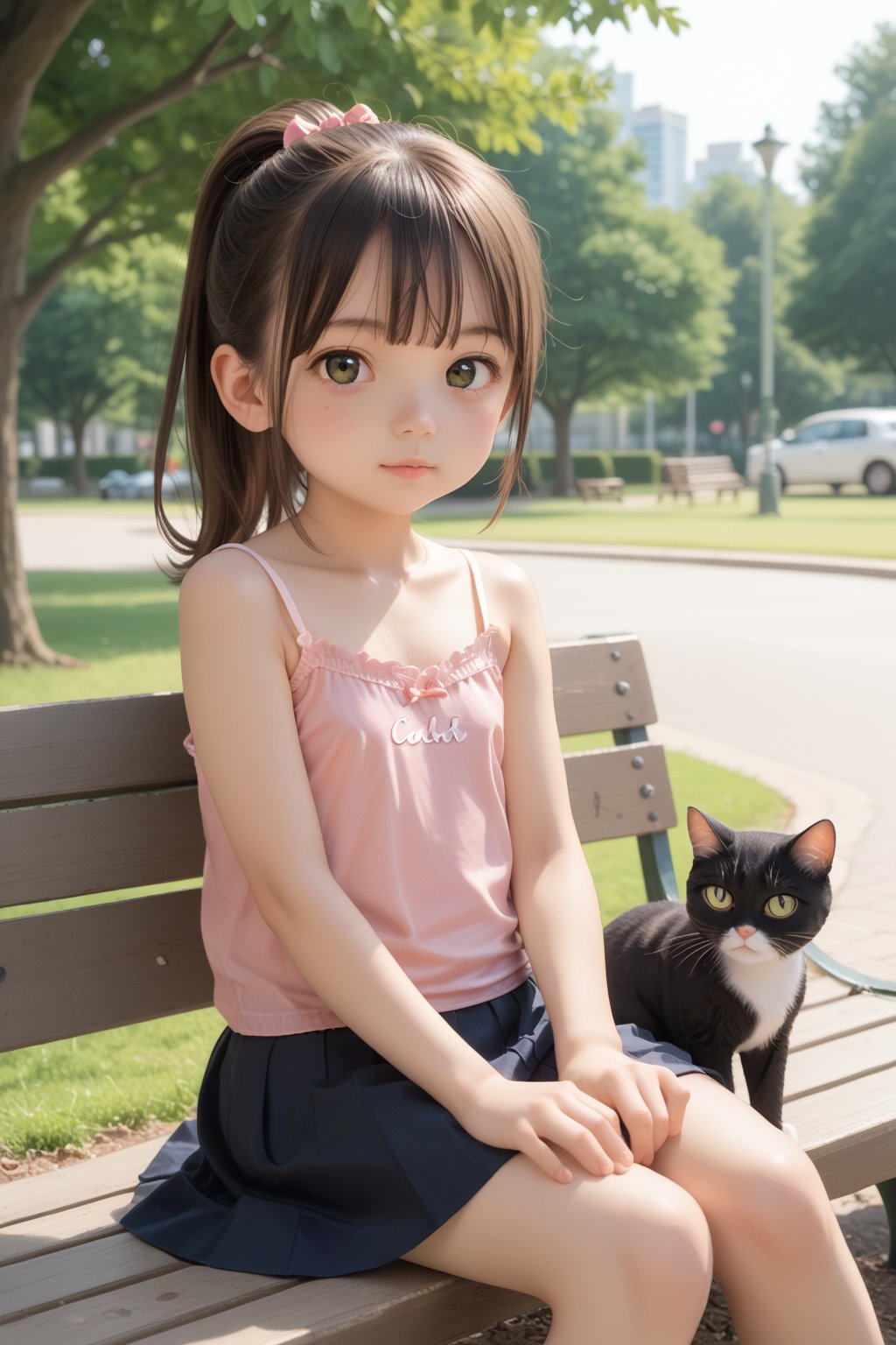 score_7_up,looking at viewer,1girl,loli, ponytail,cat , camisole, skirt, park,sit, 