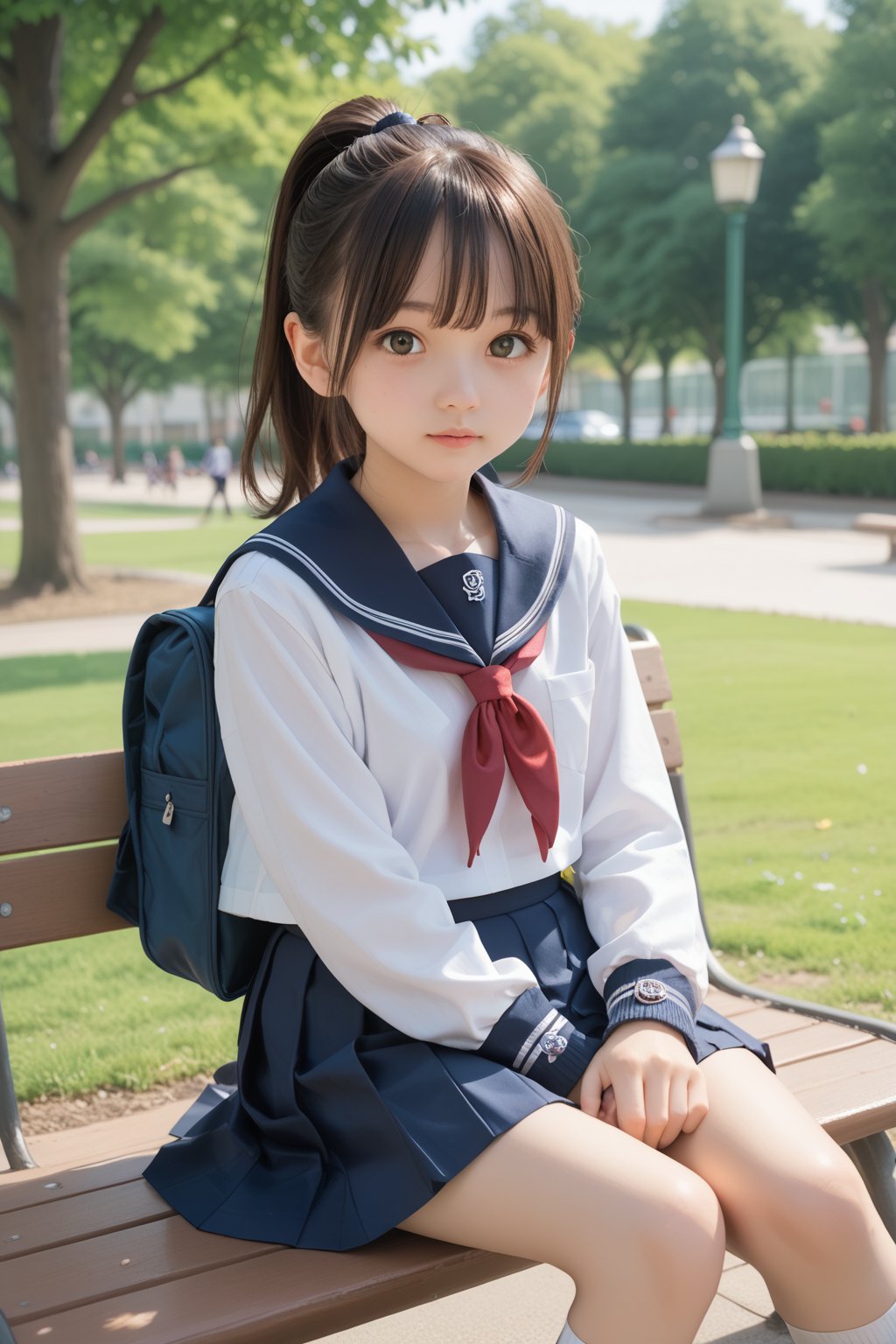 score_7_up,looking at viewer,1girl, ponytail, school uniform, skirt, park,sit, 